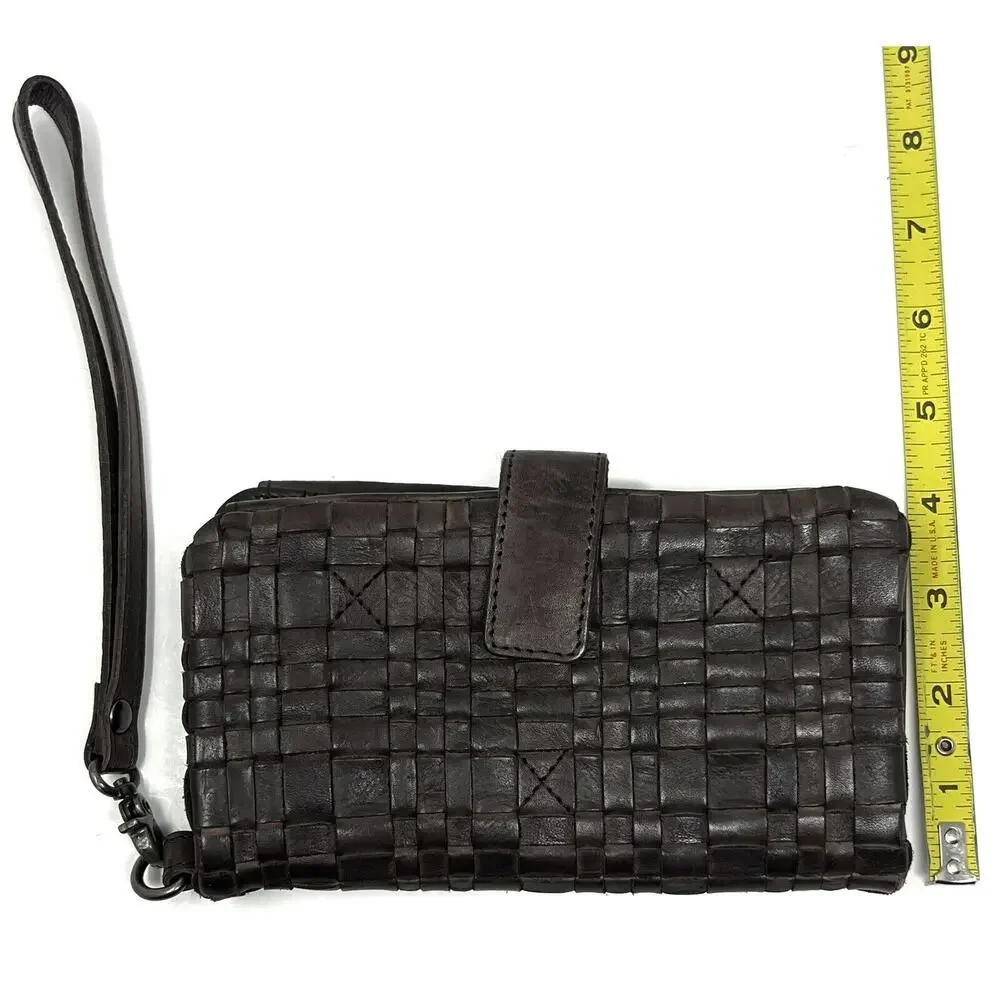 Vilenca Holland Woven Leather Wallet Wristlet Clutch Removable Strap Dark Brown